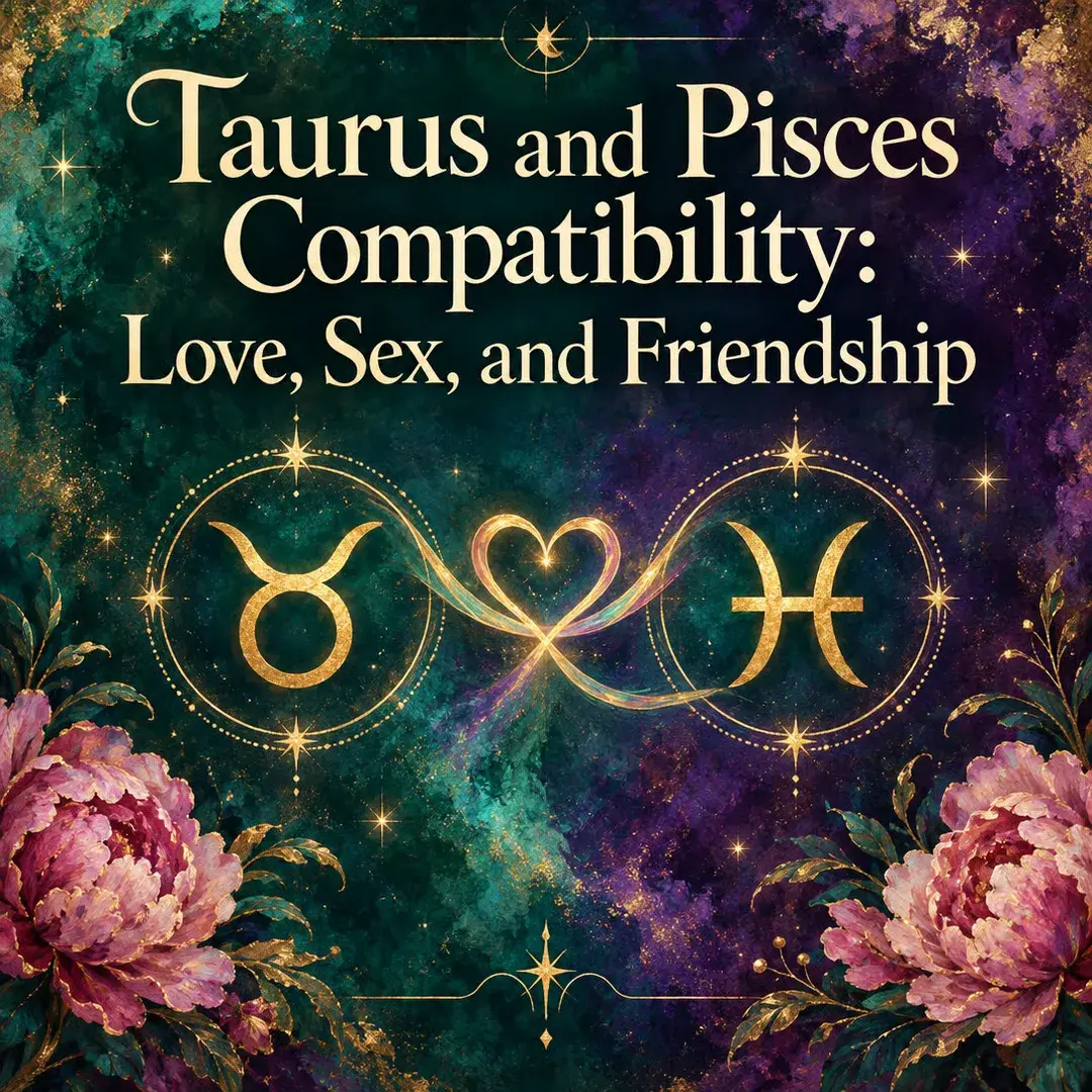 Taurus and Pisces symbols joined by a glowing heart with peonies