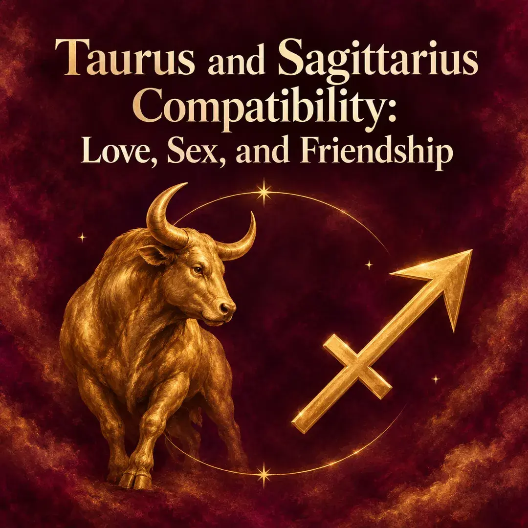Golden bull beside the Sagittarius arrow on crimson