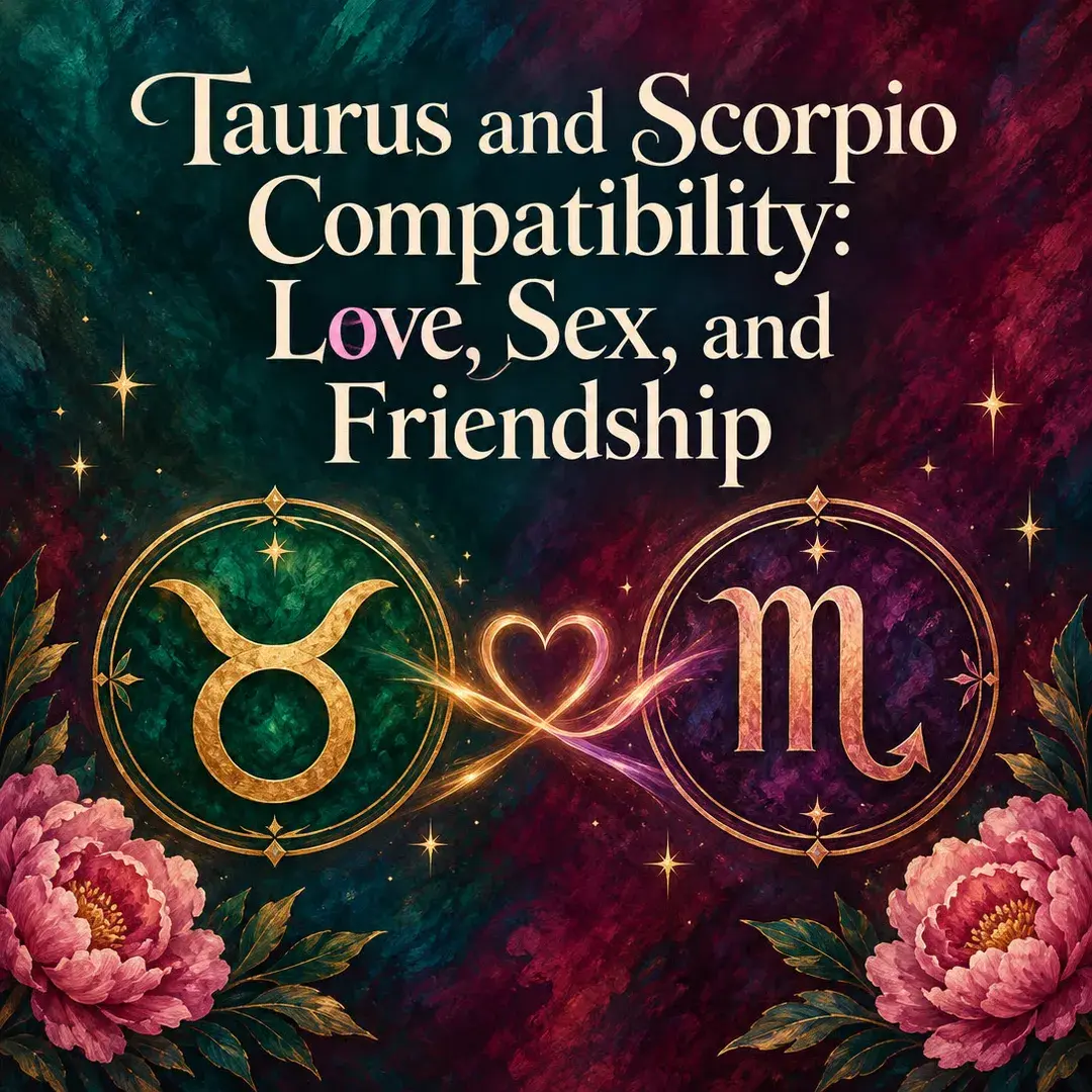 Taurus and Scorpio symbols joined by a glowing heart with peonies
