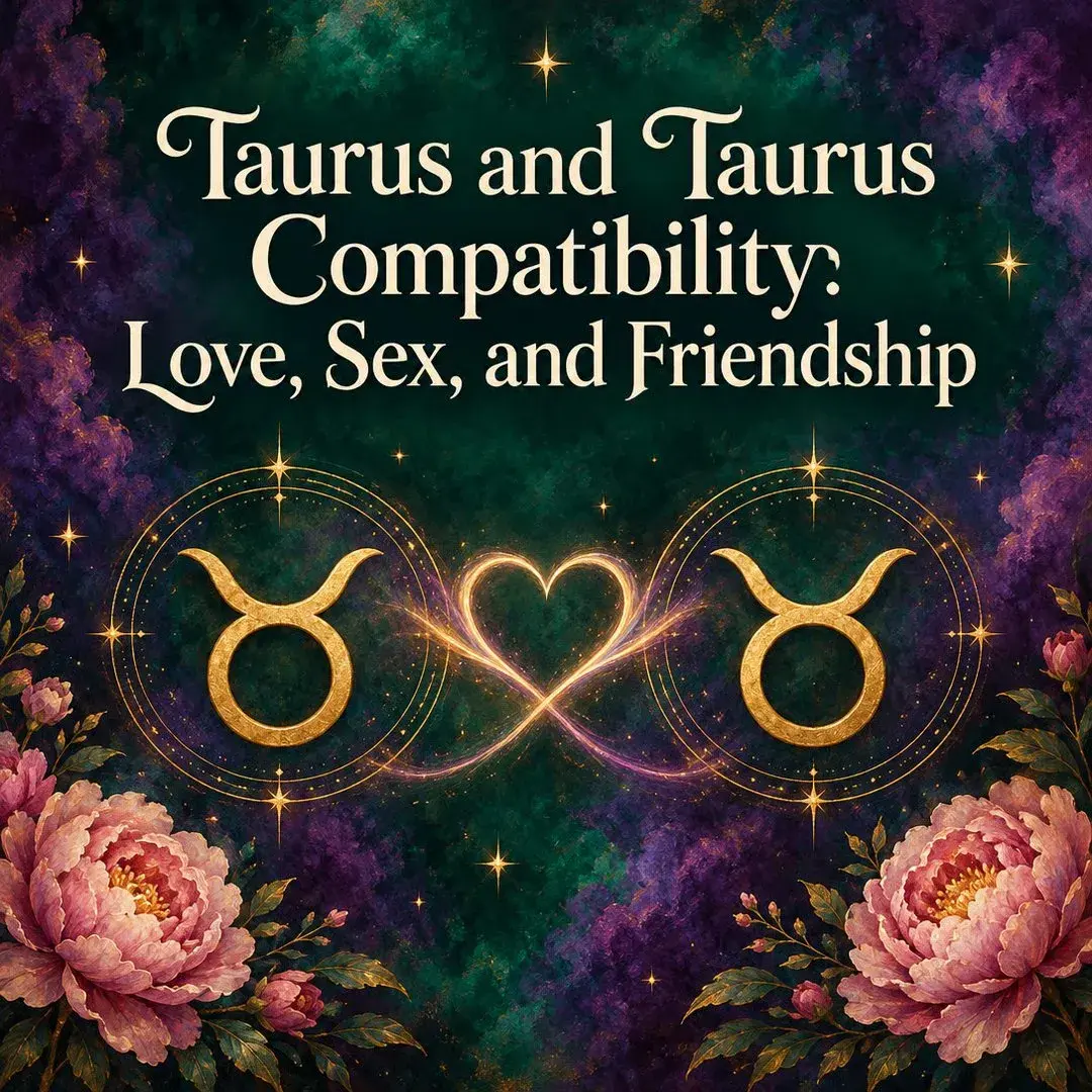 Two gold Taurus symbols joined by a glowing heart with peonies