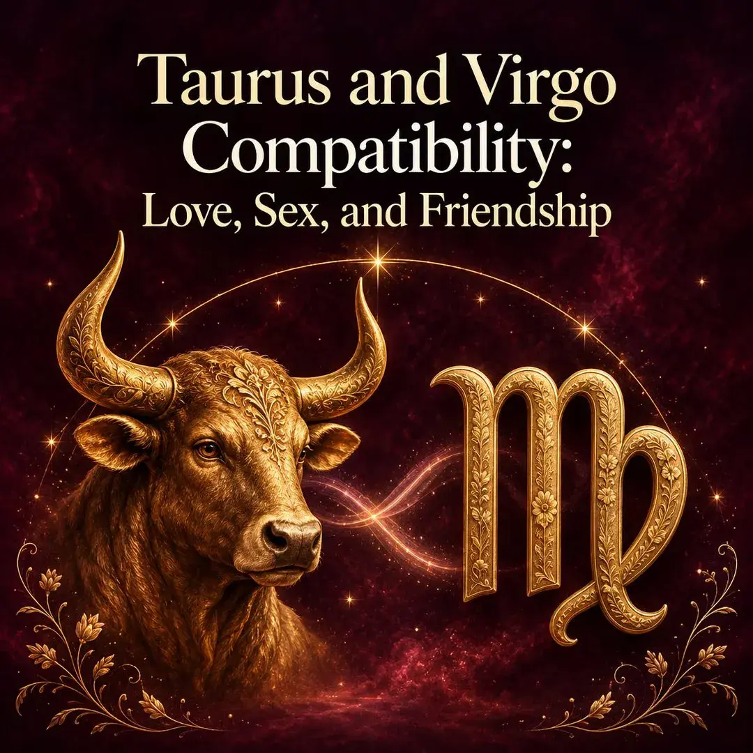 Golden bull beside an ornate gold Virgo symbol on crimson sky