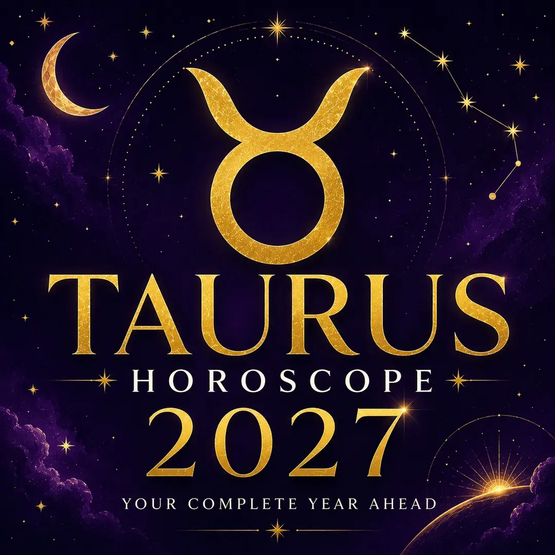 Gold Taurus zodiac symbol on a deep violet celestial background with “Taurus Horoscope 2027: Your Complete Year Ahead.”