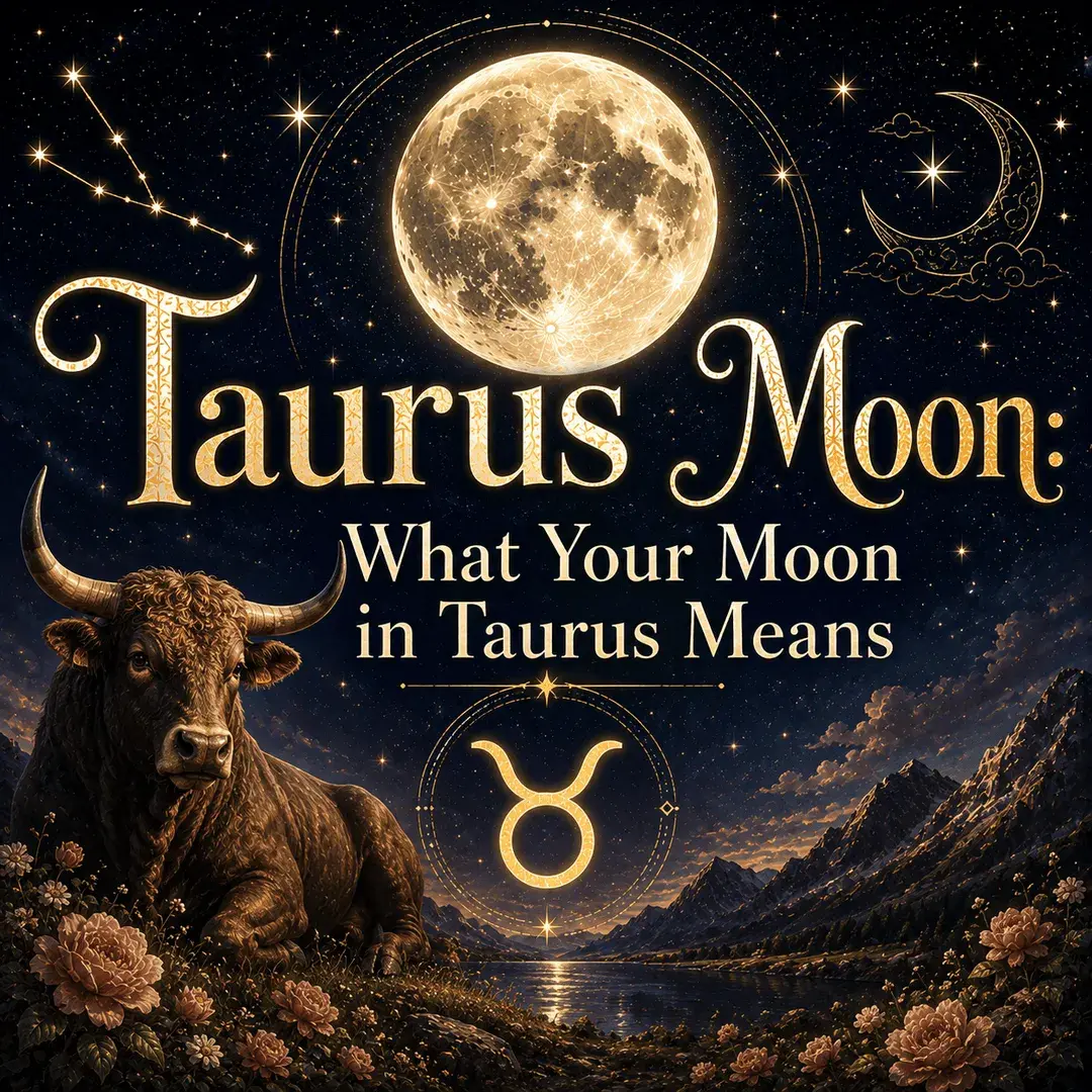 Celestial Taurus Moon graphic with a glowing full moon, Taurus symbol, brown bull, stars, mountains, lake, and flowers.