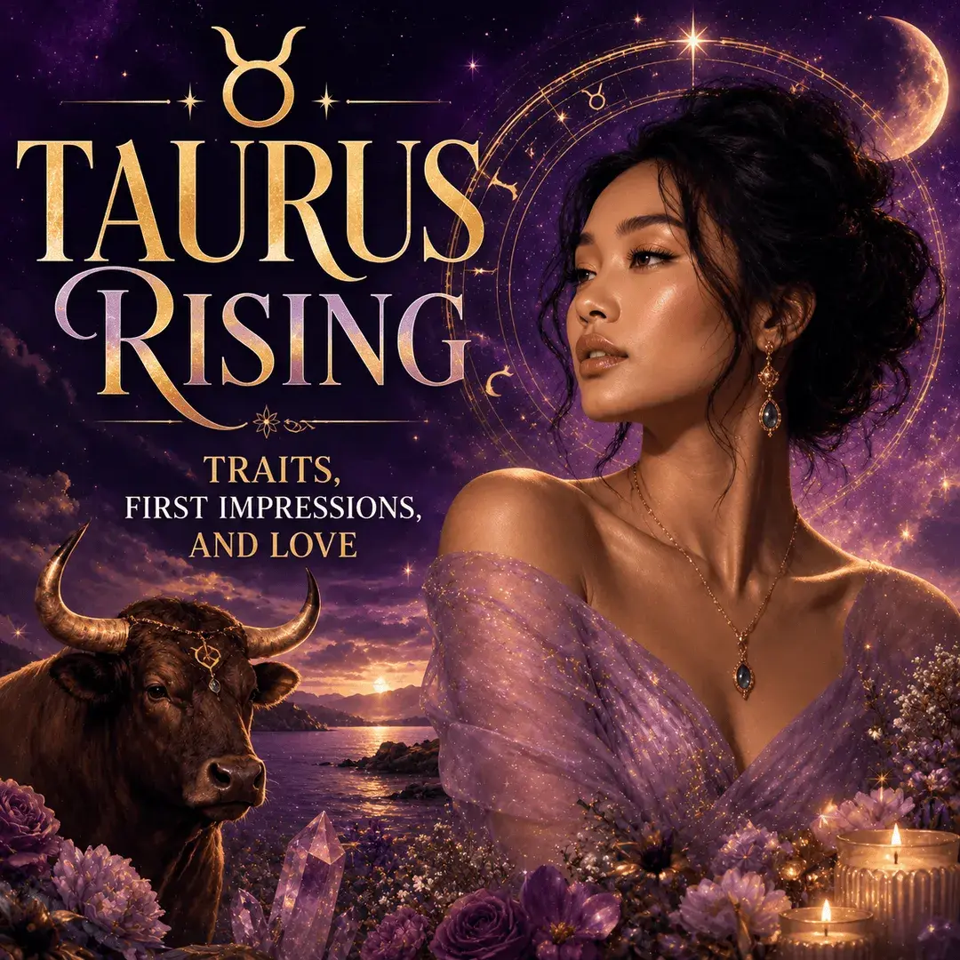 Celestial Taurus Rising image with a woman, a bull, flowers, crystals, and gold astrology details against a purple cosmic sky.