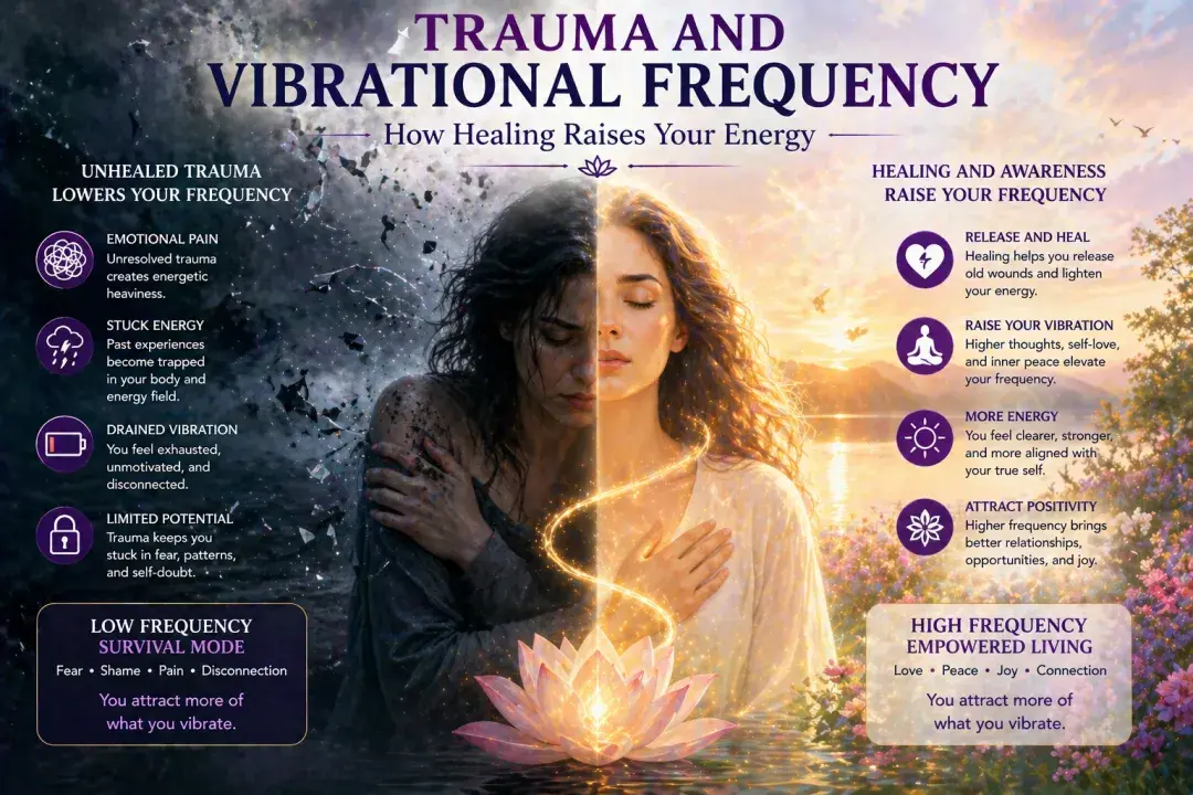 Woman transitioning from emotional trauma and low vibrational energy to healing and higher frequency, symbolizing release, self-love, and spiritual growth