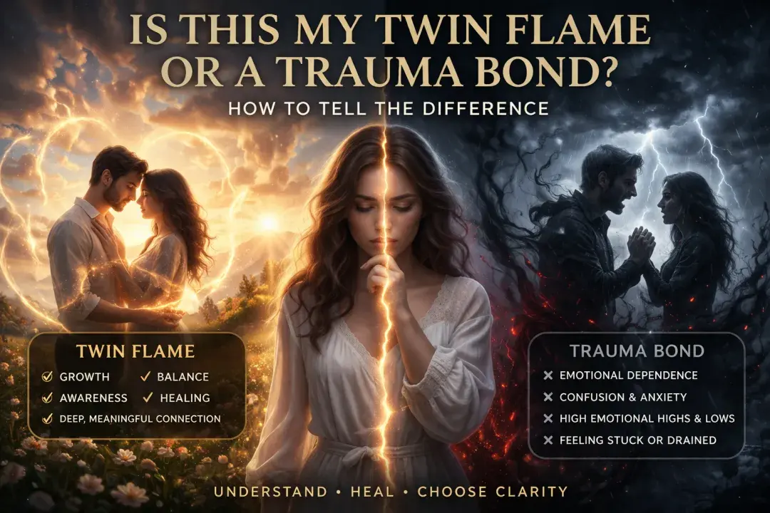 Split image showing a woman between a peaceful twin flame connection and a chaotic trauma bond, illustrating emotional contrast and relationship differences