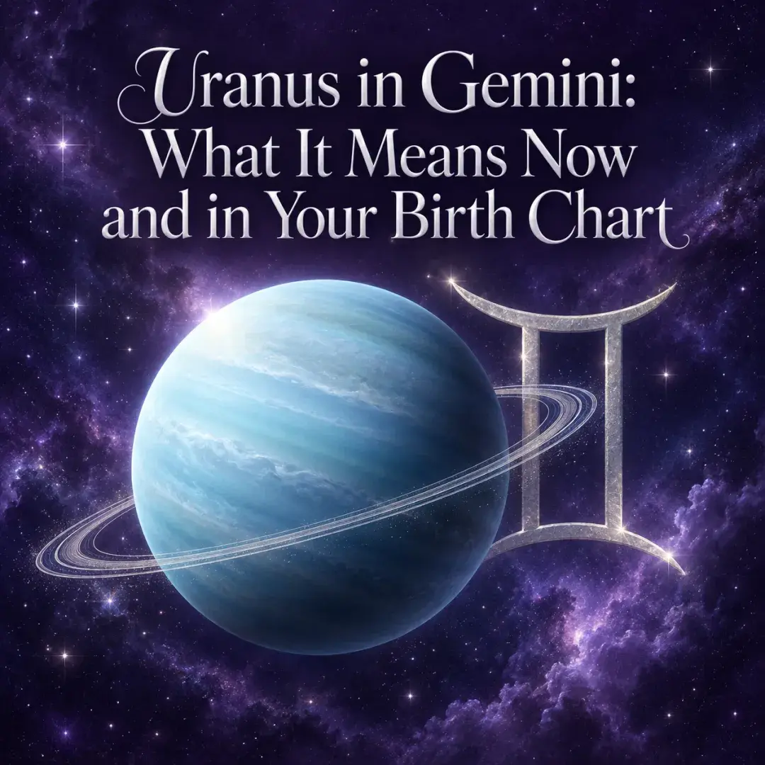 Pale-blue Uranus beside a silver Gemini symbol against a violet starry sky.