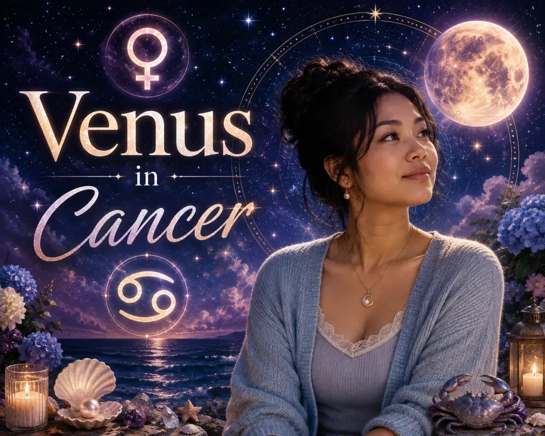 Celestial Venus in Cancer graphic with a beautiful woman, Venus and Cancer symbols, glowing moon, ocean, crab, flowers, and candles.