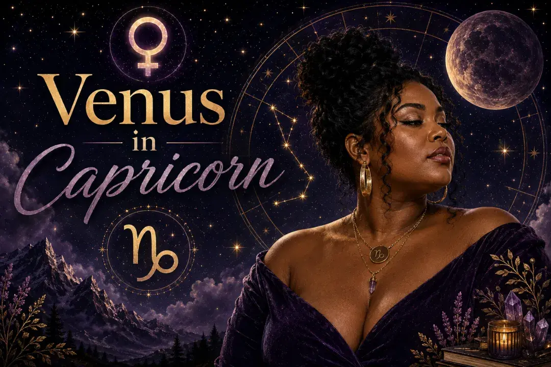 Celestial Venus in Capricorn graphic with a beautiful woman, Venus and Capricorn symbols, stars, mountains, purple clouds, and a glowing moon.