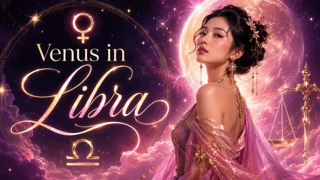 Celestial Venus in Libra graphic with an Asian woman, Venus and Libra symbols, glowing scales, stars, pink clouds, and a radiant moon.