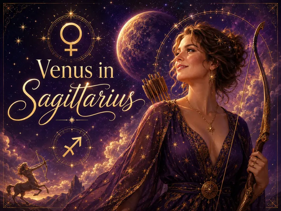 Celestial Venus in Sagittarius graphic with a woman holding a bow, Venus and Sagittarius symbols, stars, purple clouds, and a glowing planet.