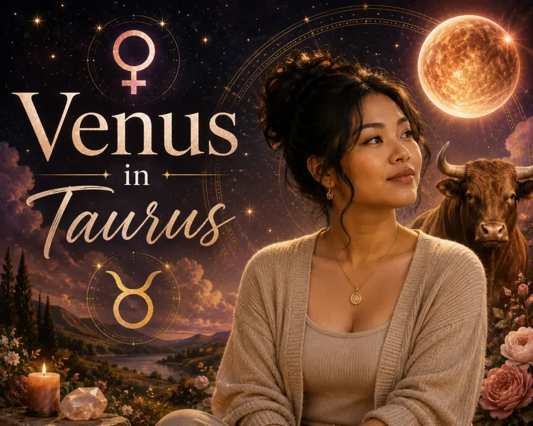 Celestial Venus in Taurus graphic with a beautiful woman, Venus and Taurus symbols, brown bull, stars, flowers, and a glowing planet.
