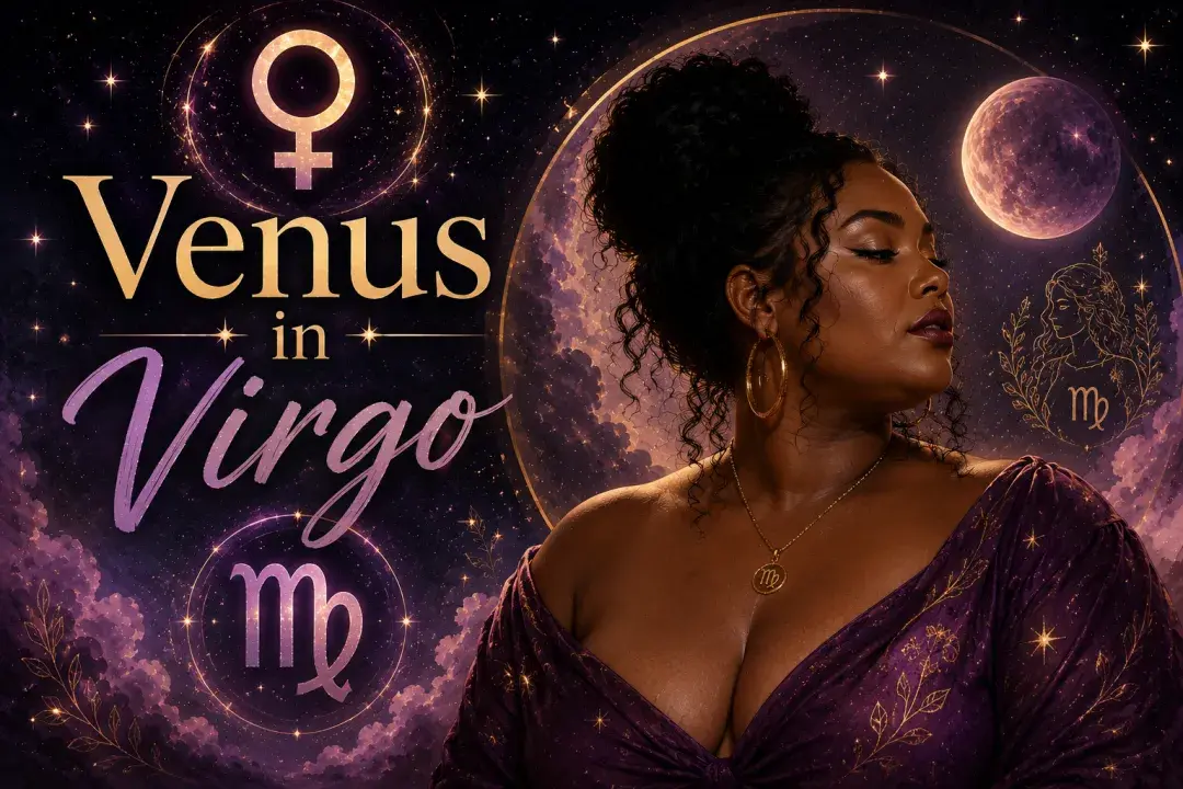 Celestial Venus in Virgo graphic with a beautiful woman, Venus and Virgo symbols, stars, purple clouds, and a glowing moon.