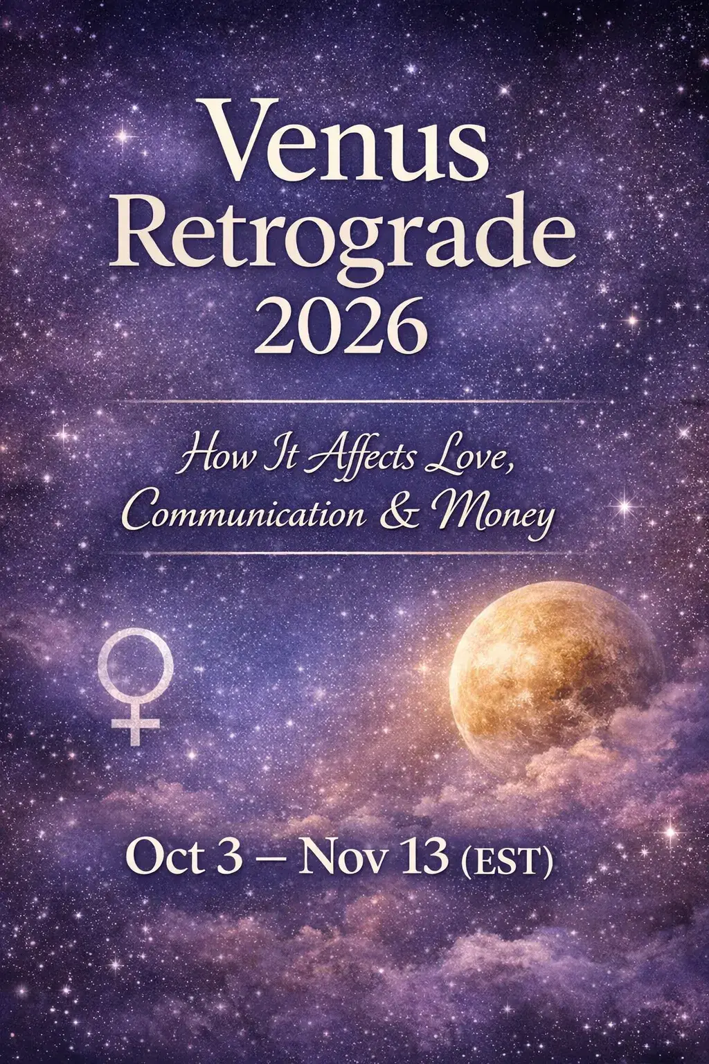 Venus Retrograde 2026 astrology image showing October 3 to November 13 EST dates and themes of love, communication between partners, and financial reflection during the retrograde period.