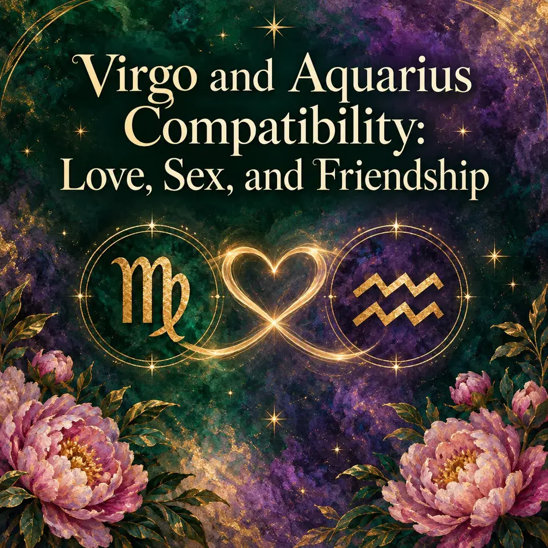 Virgo and Aquarius symbols joined by a glowing heart with peonies