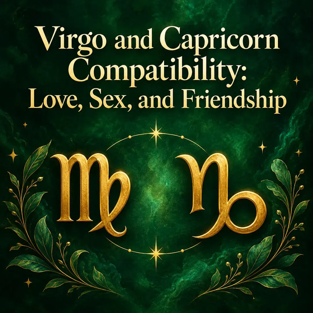 Gold Virgo and Capricorn symbols framed by leaves on emerald green