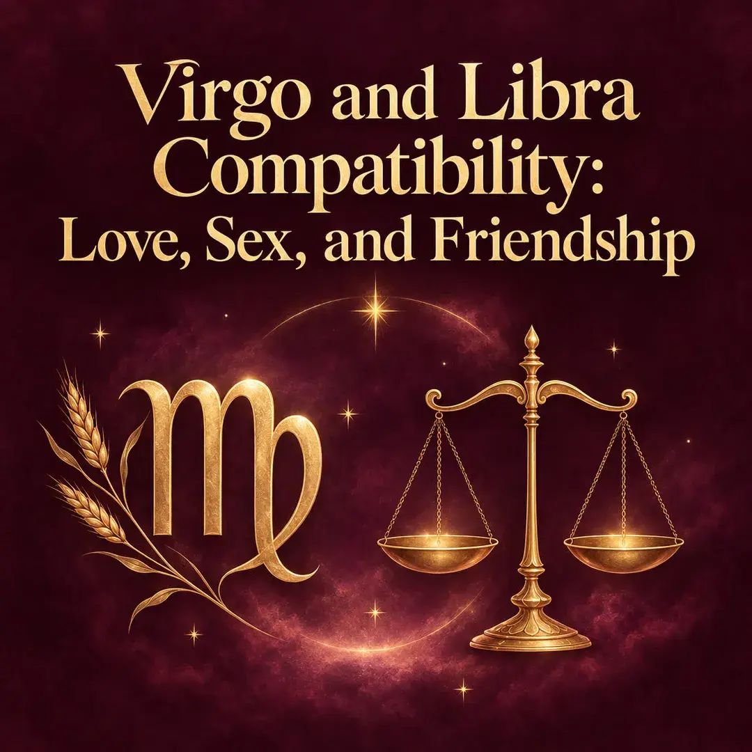 Gold Virgo symbol with wheat beside the Libra scales