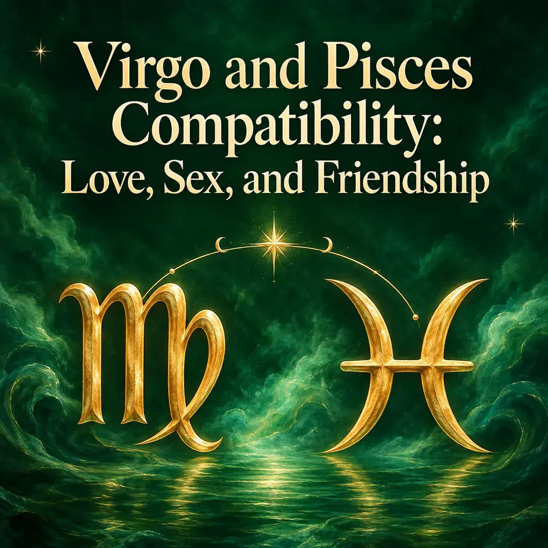 Gold Virgo and Pisces symbols over emerald water