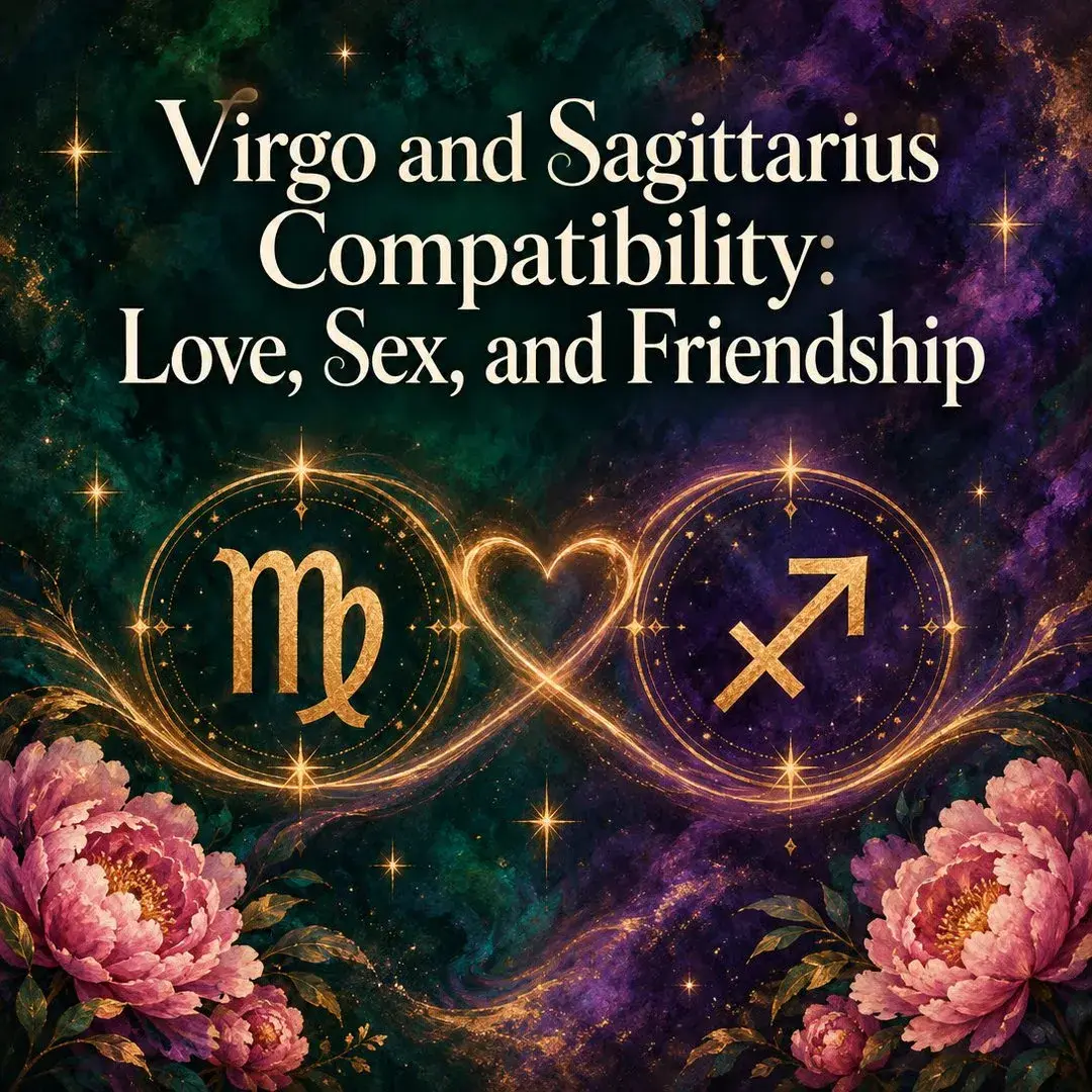 Gold Virgo and Sagittarius symbols joined by a glowing heart with peonies