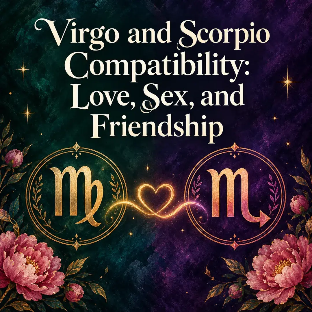 Virgo and Scorpio symbols joined by a glowing heart with peonies