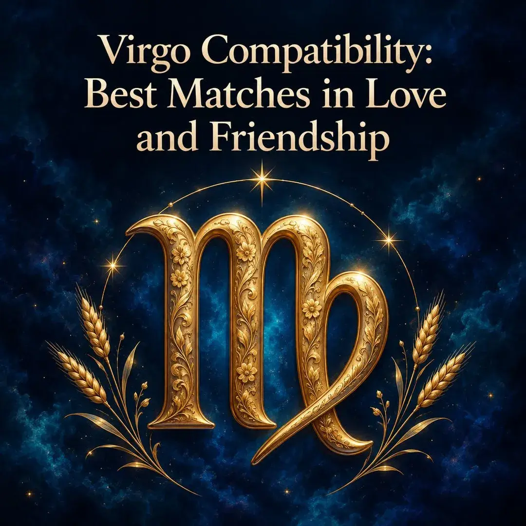 Ornate gold Virgo symbol with wheat on a deep blue sky