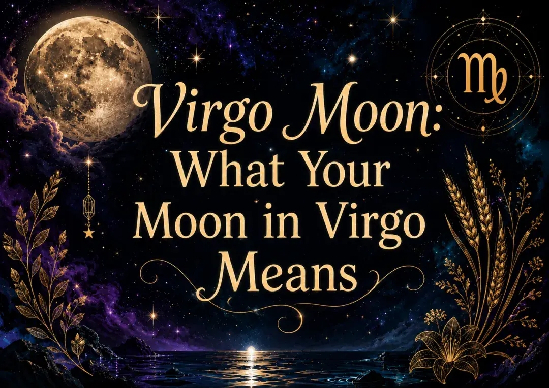 Celestial Virgo Moon graphic with a glowing moon, stars, Virgo symbol, and golden botanical details.