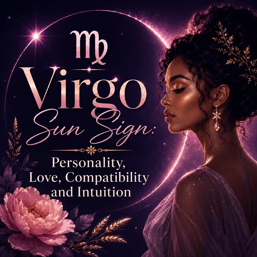 Virgo Sun Sign astrology graphic featuring a Black woman, Virgo symbol, pink flowers, and celestial imagery representing personality, love, compatibility, and intuition.