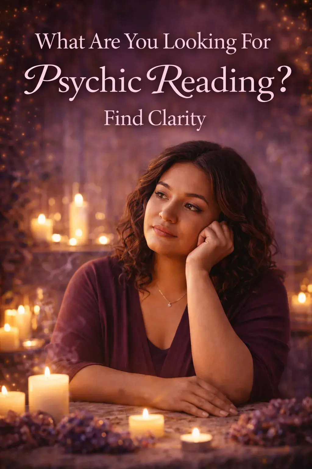 Woman sitting in a peaceful candlelit setting reflecting on what she wants from a psychic reading, symbolizing clarity and intention