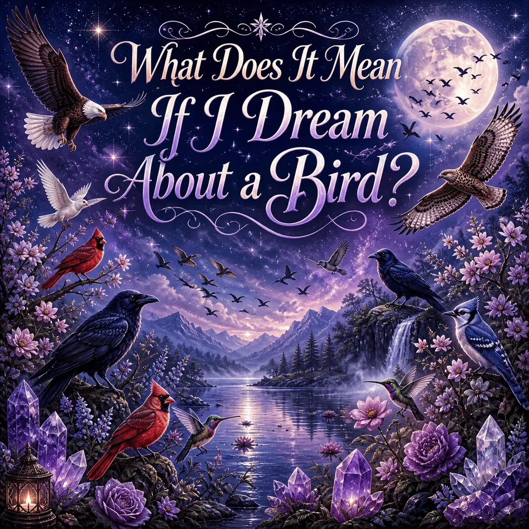 Mystical bird dream image with a flock of flying birds, cardinals, ravens, crows, an eagle, a hawk, hummingbirds, blue jays, moonlit lake, crystals, and title text.