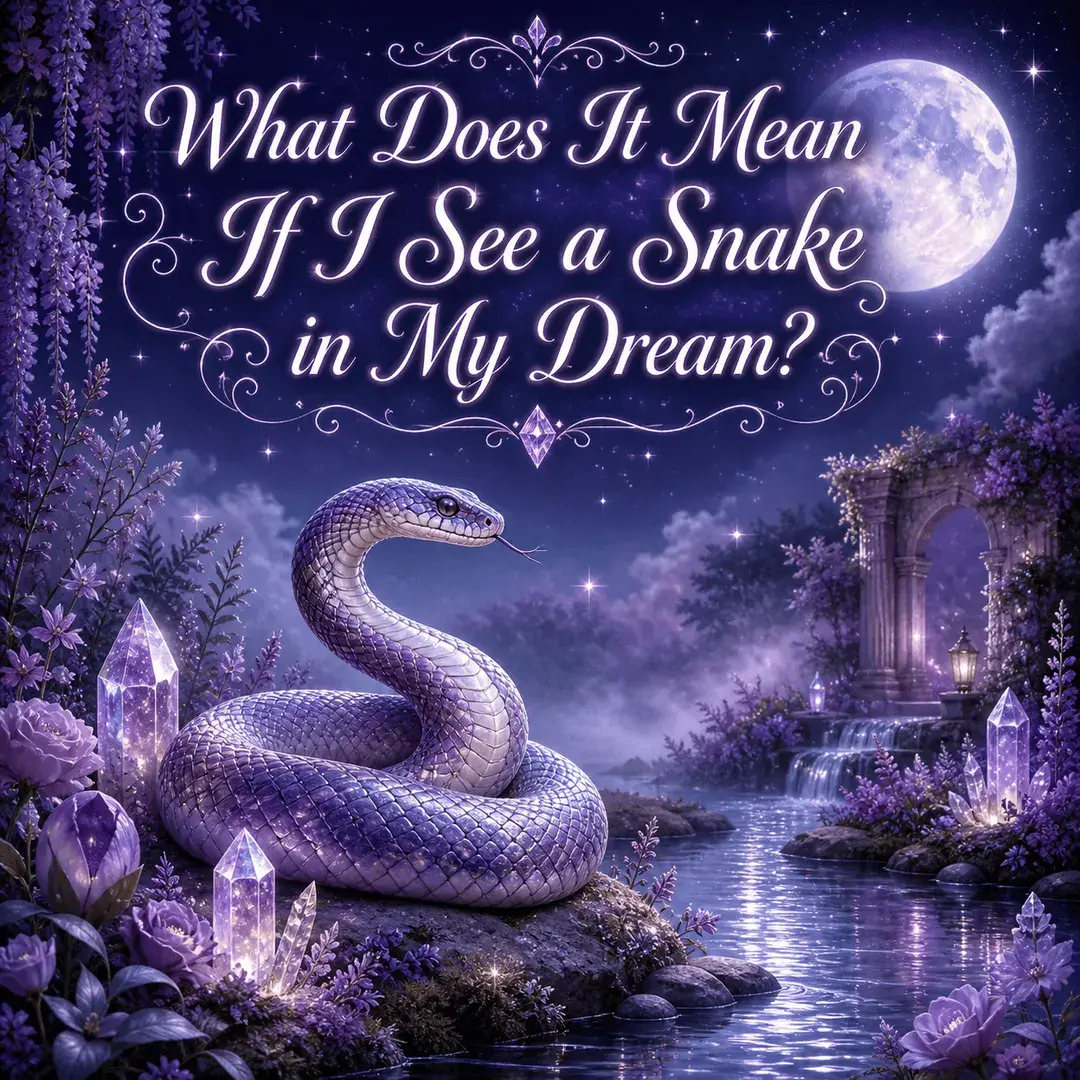 Mystical snake dream image with a graceful lavender snake, full moon, purple flowers, glowing crystals, reflective water, and title text.