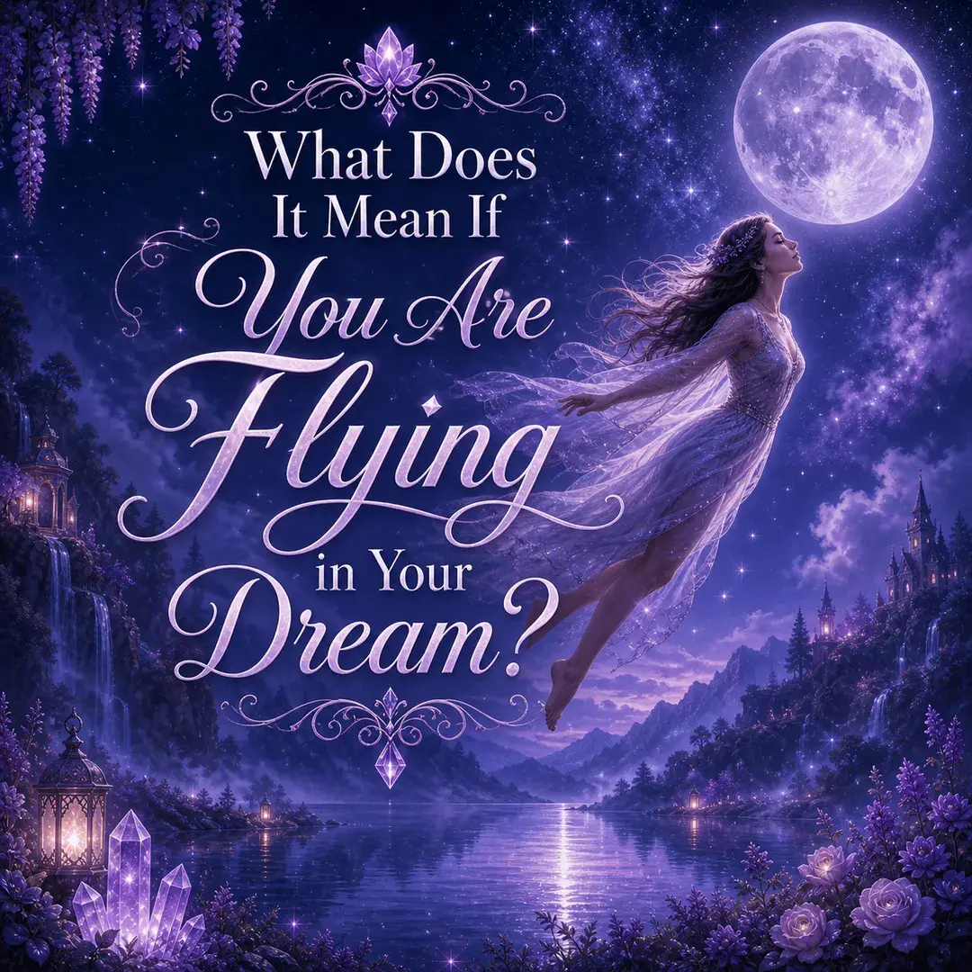 Mystical flying dream image with a woman floating under a full moon above moonlit water, glowing crystals, purple flowers, and title text.