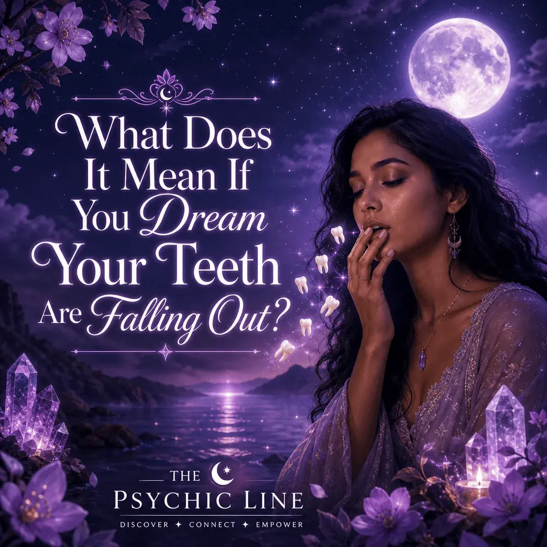 Mystical teeth falling out dream image with a woman under a full moon, glowing teeth, purple flowers, crystals, and title text.