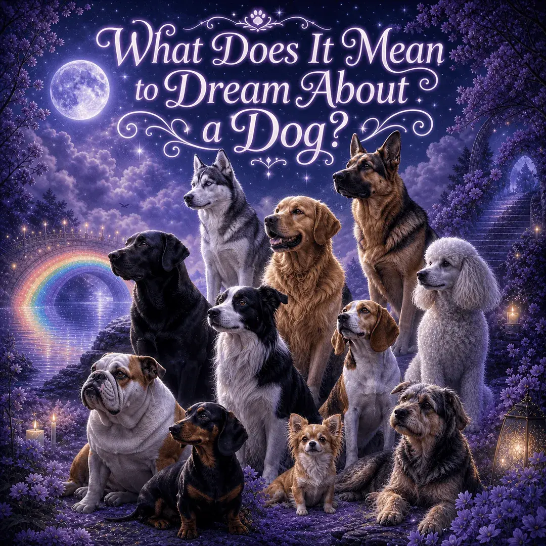 Moonlit dream scene with many different dog breeds gathered in a mystical purple garden, a glowing rainbow bridge, and the title “What Does It Mean to Dream About a Dog?”