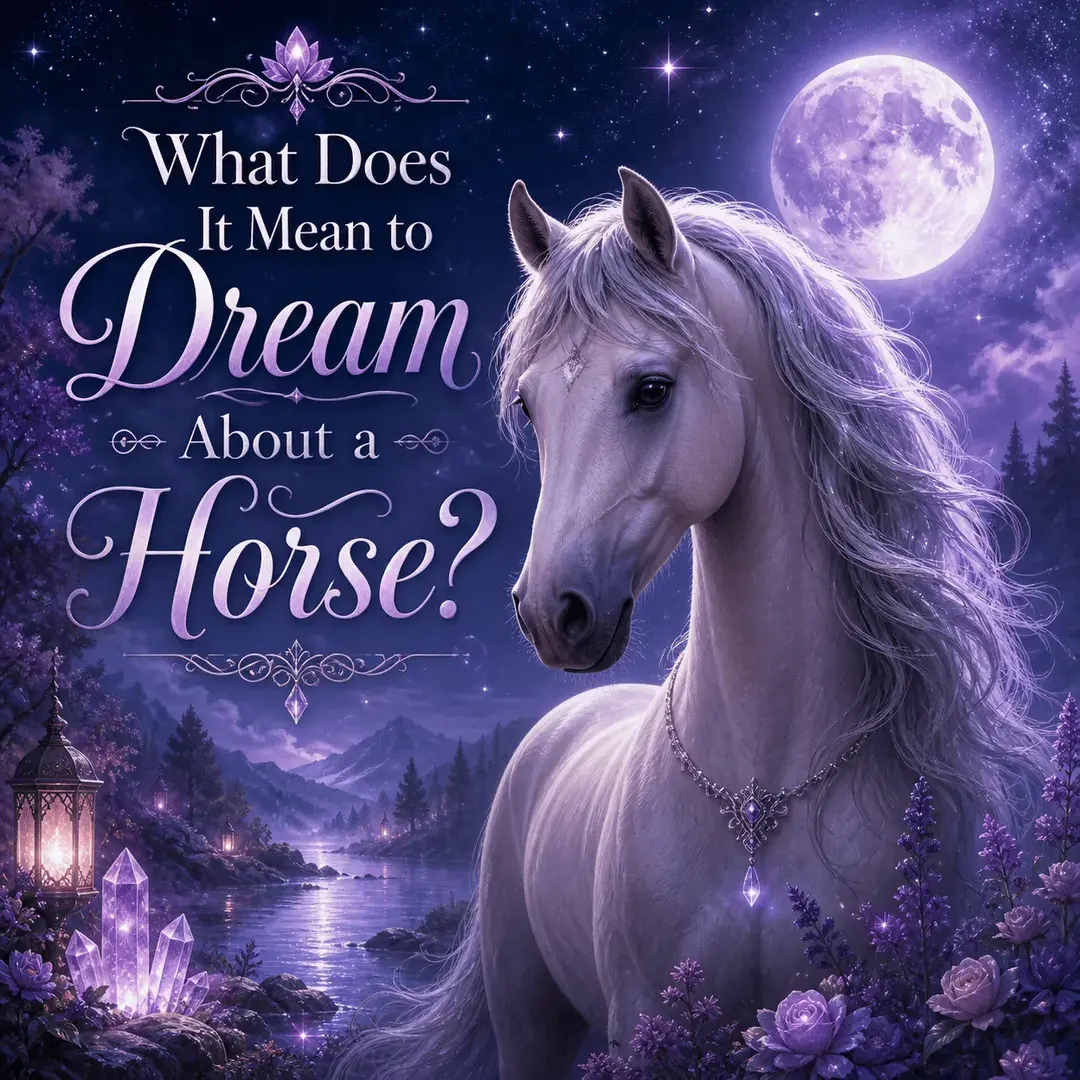Mystical horse dream image with a white horse, full moon, glowing crystals, purple flowers, moonlit water, and title text.