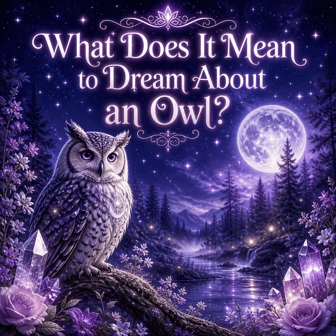 Mystical owl dream image with a wise owl, full moon, purple flowers, glowing crystals, moonlit forest, reflective stream, and title text.