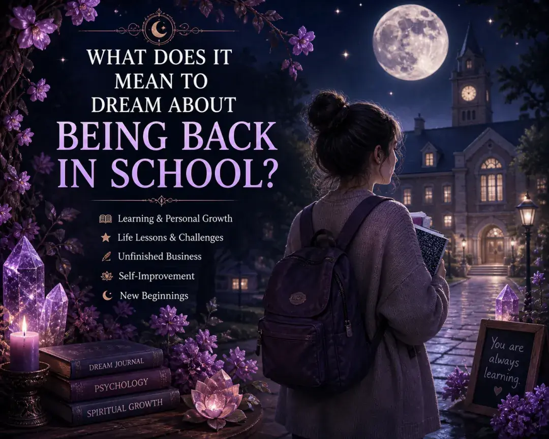Dream image of a woman returning to school at night with a moonlit campus, books, purple flowers, crystals, and title text.