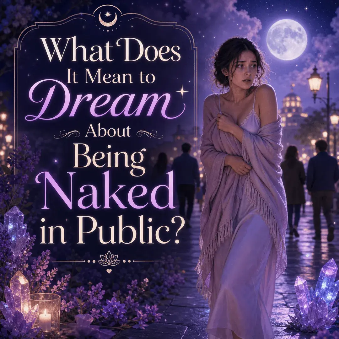 Dream image of an embarrassed woman covered in a shawl on a moonlit public street with purple flowers, glowing crystals, and title text.