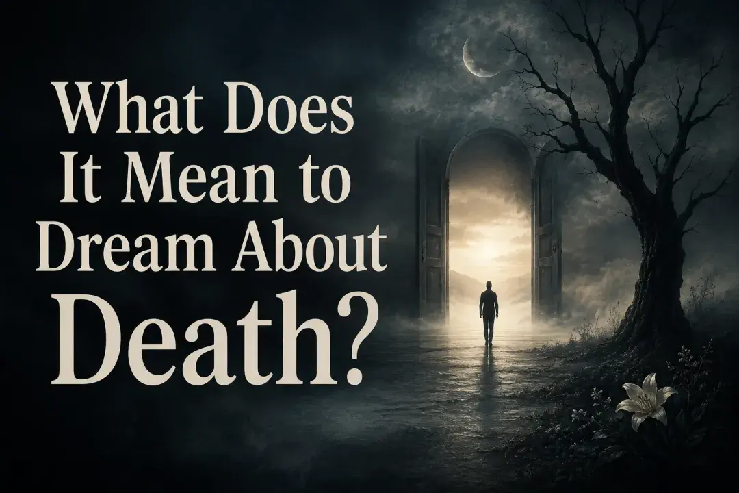 Dream about death meaning with a figure walking toward a glowing doorway.