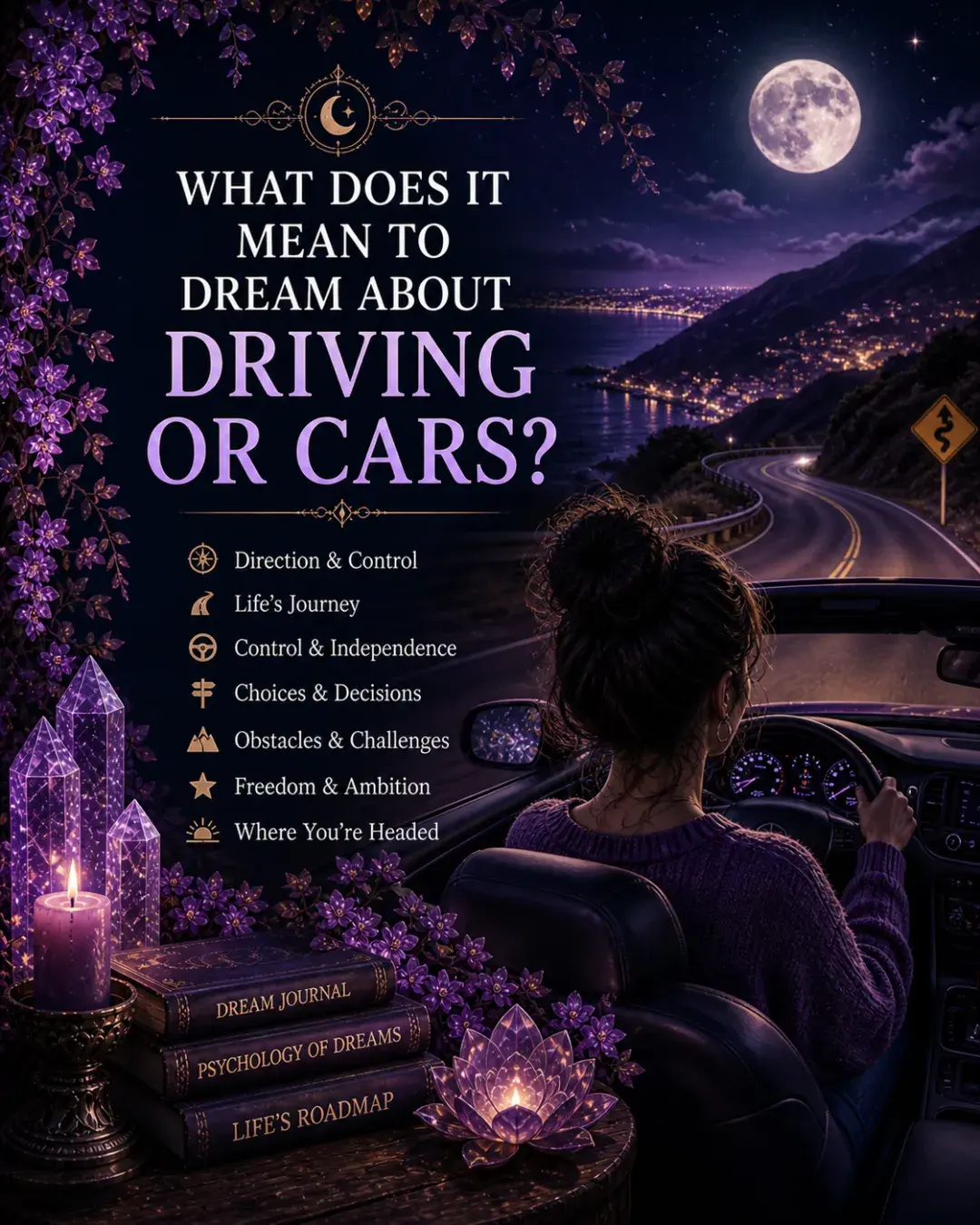 Dream image of a woman driving on a moonlit coastal road with purple flowers, crystals, candles, and title text about driving or cars.