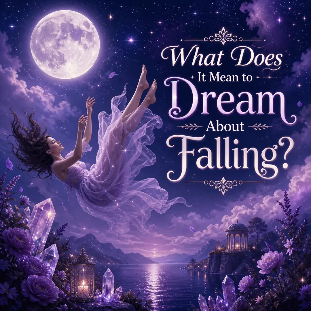 Mystical falling dream image with a woman floating downward under a full moon, purple flowers, glowing crystals, moonlit water, and title text.