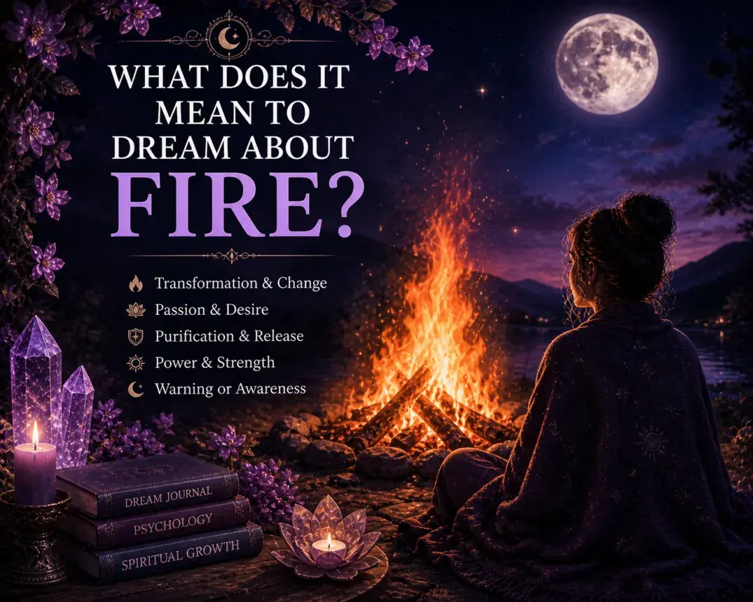 Mystical fire dream image with a woman beside a glowing bonfire under a full moon, purple flowers, crystals, candles, and title text.