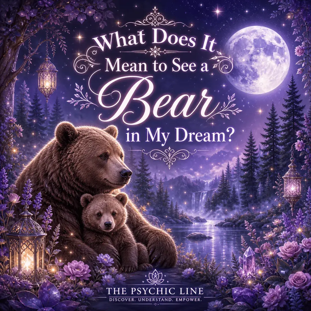 Mystical bear dream image with a gentle brown bear and cub in a purple moonlit forest, glowing flowers, lanterns and stars