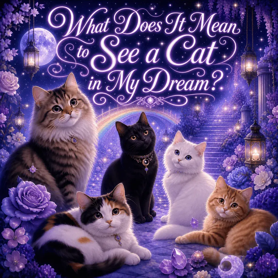 Whimsical cat dream image with five cats, a purple moonlit garden, glowing rainbow bridge