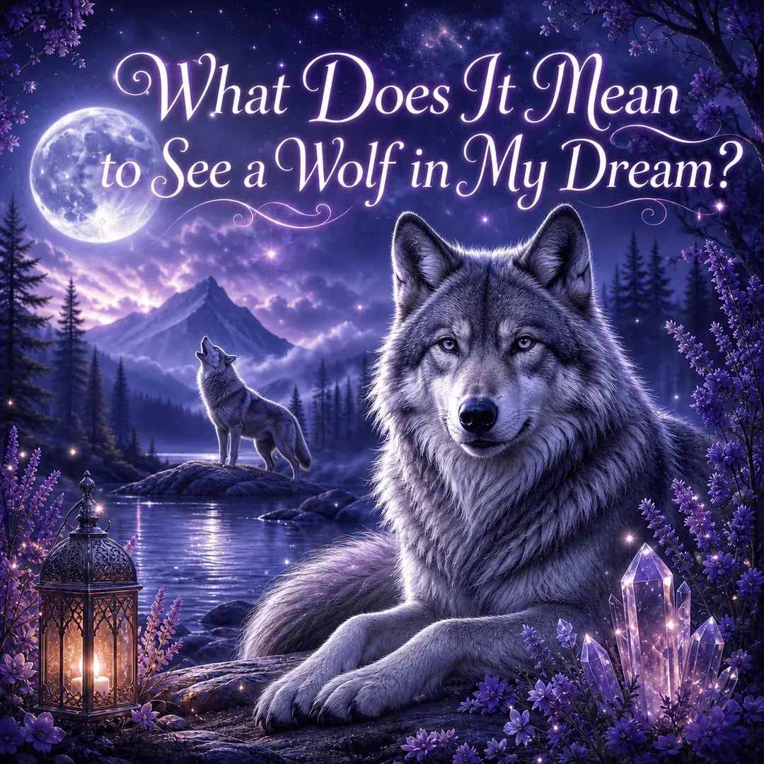 Mystical wolf dream image with a gray wolf in the foreground, a howling gray wolf in the background, moonlit lake, purple flowers, crystals, and mountain