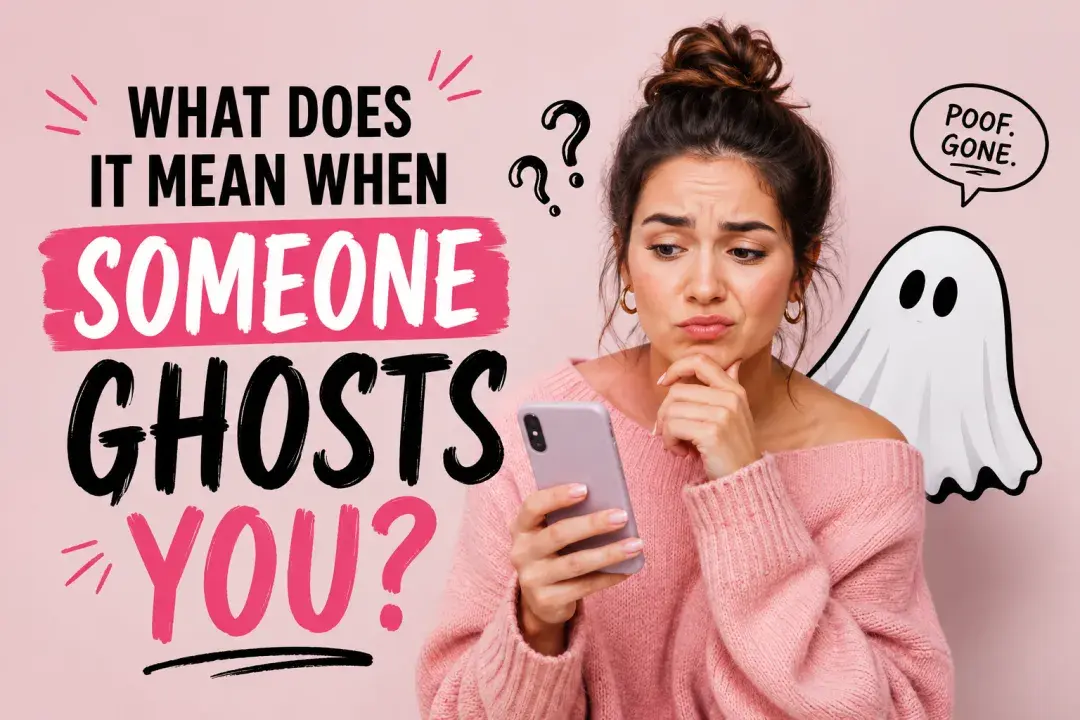 Woman looking confused at her phone beside a playful ghost illustration, representing what it means when someone suddenly ghosts you.
