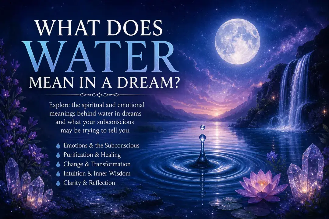 Mystical water dream image with a moonlit lake, waterfall, glowing crystals, lotus flower and rippling water.