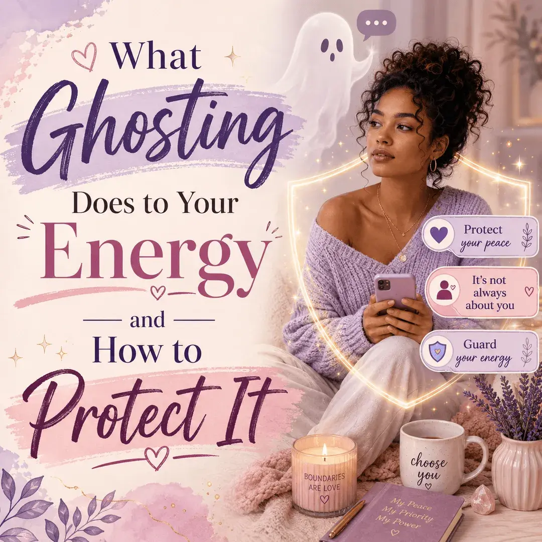 Woman holding her phone inside a glowing protective shield with a soft ghost nearby, representing how ghosting affects your energy and the importance of protecting your peace.