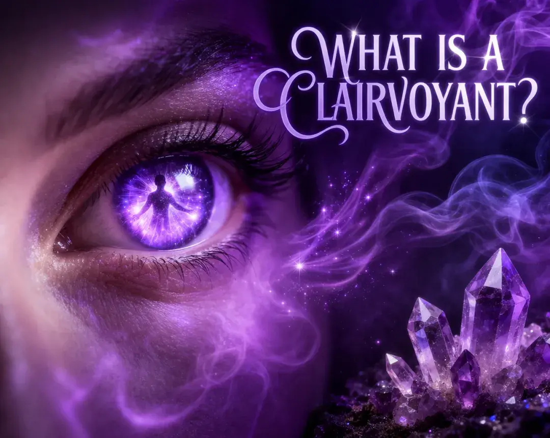 violet seeing eye with human silouette on black background with text "What is Clairvoyant?"