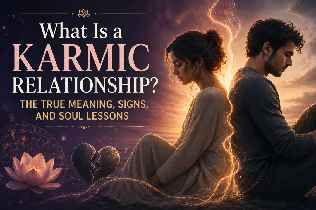 A couple sitting back-to-back with a glowing energetic connection between them, symbolizing the intense emotional pull, spiritual lessons, and complexity of a karmic relationship.