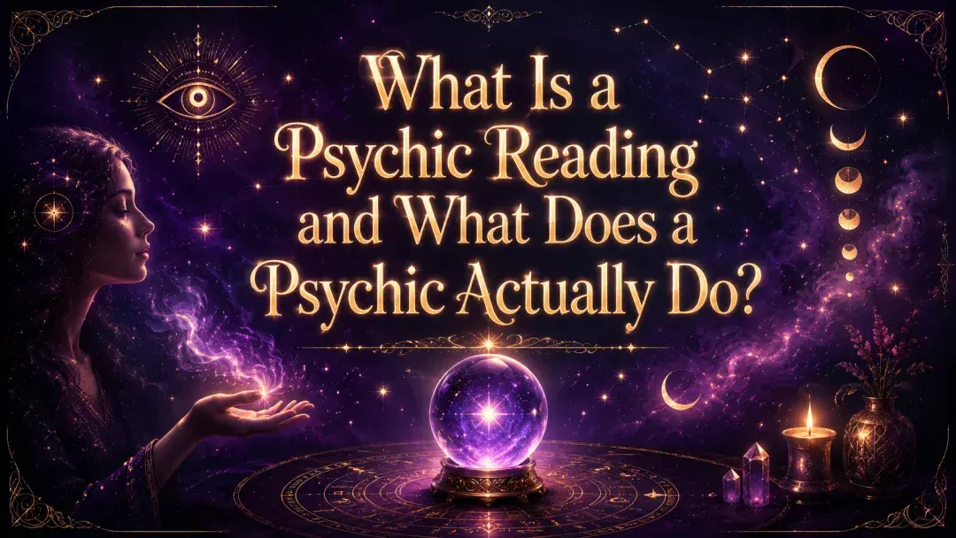 Psychic holding glowing energy beside a crystal ball, moon phases, stars, and the words “What Is a Psychic Reading and What Does a Psychic Actually Do?”